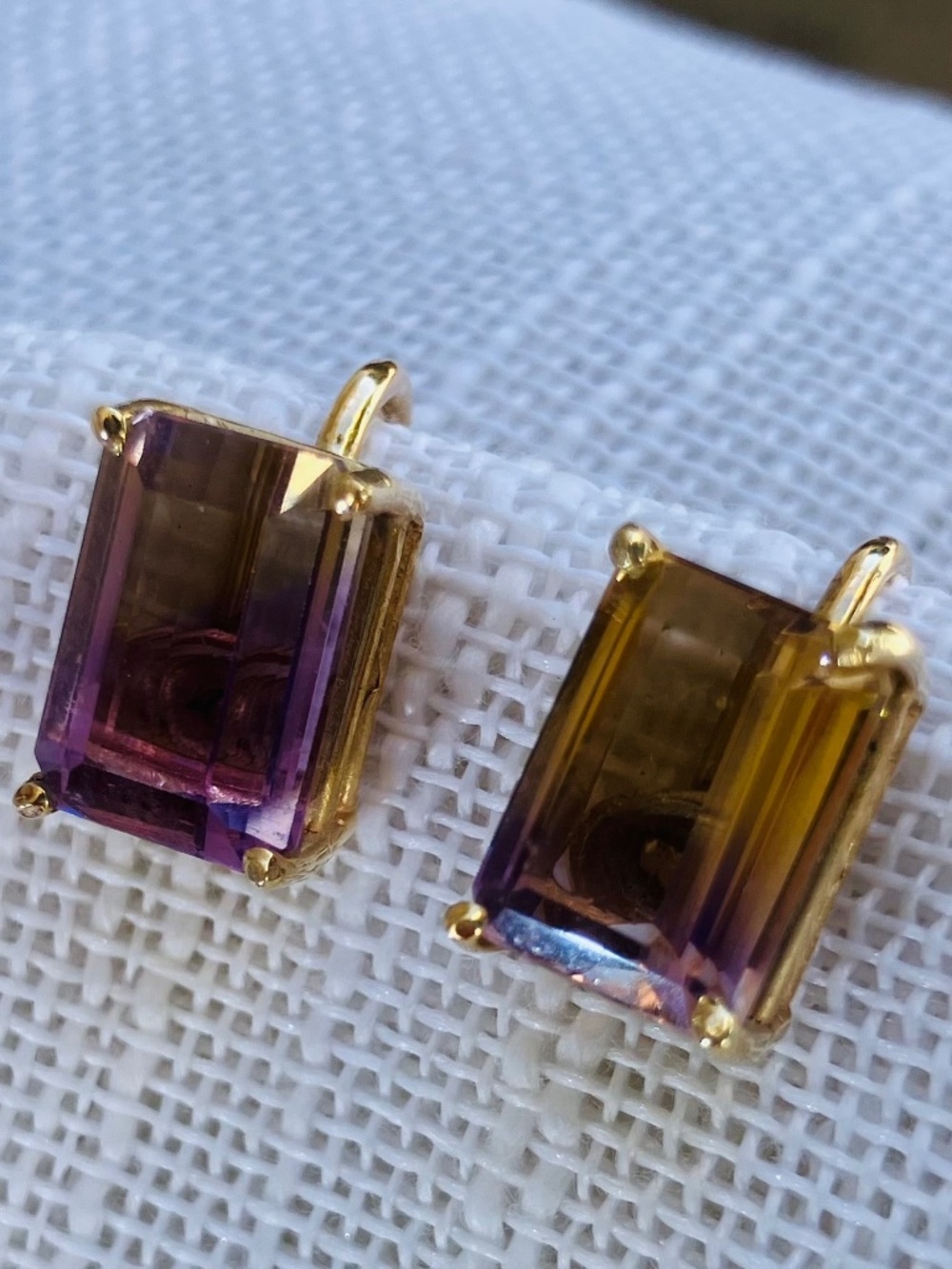 14k Gold Ametrine Emerald Cut Screw Back Earrings Vintage